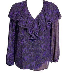 Soft Surroundings Sz M Purple Black Animal Print Chiffon Blouse Top V Neck Poet